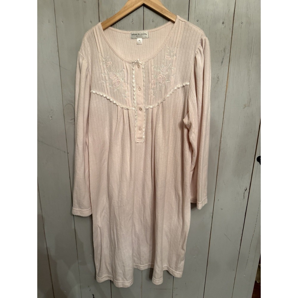 Miss Elaine Women's Long Sleeve Waffle Nightgown Pink Button Embroidered Sz-3X